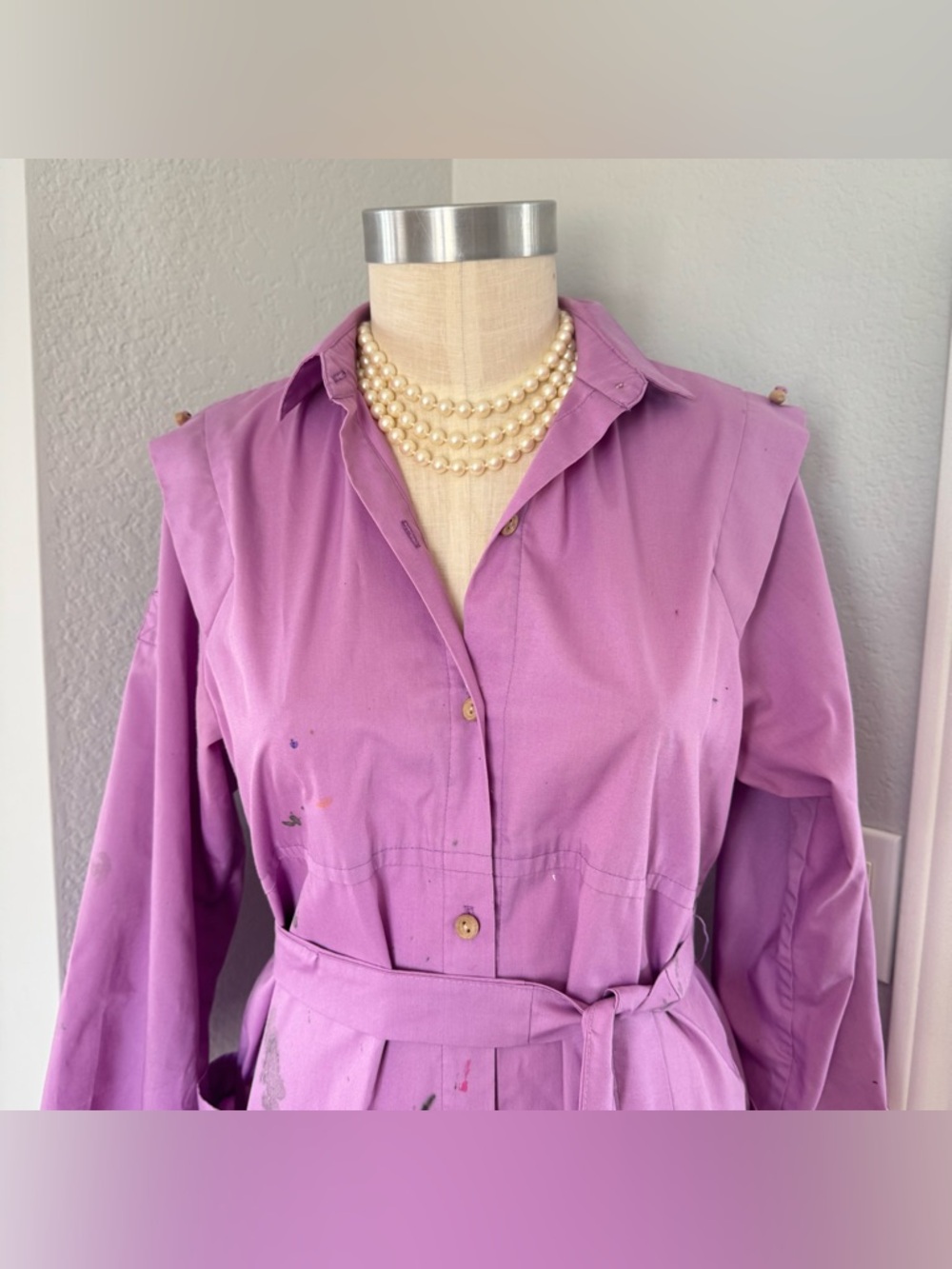 Vintage Painting Smock Petrona USA Made Button Dress Tie Belt 2 Pockets - Picture 14 of 14